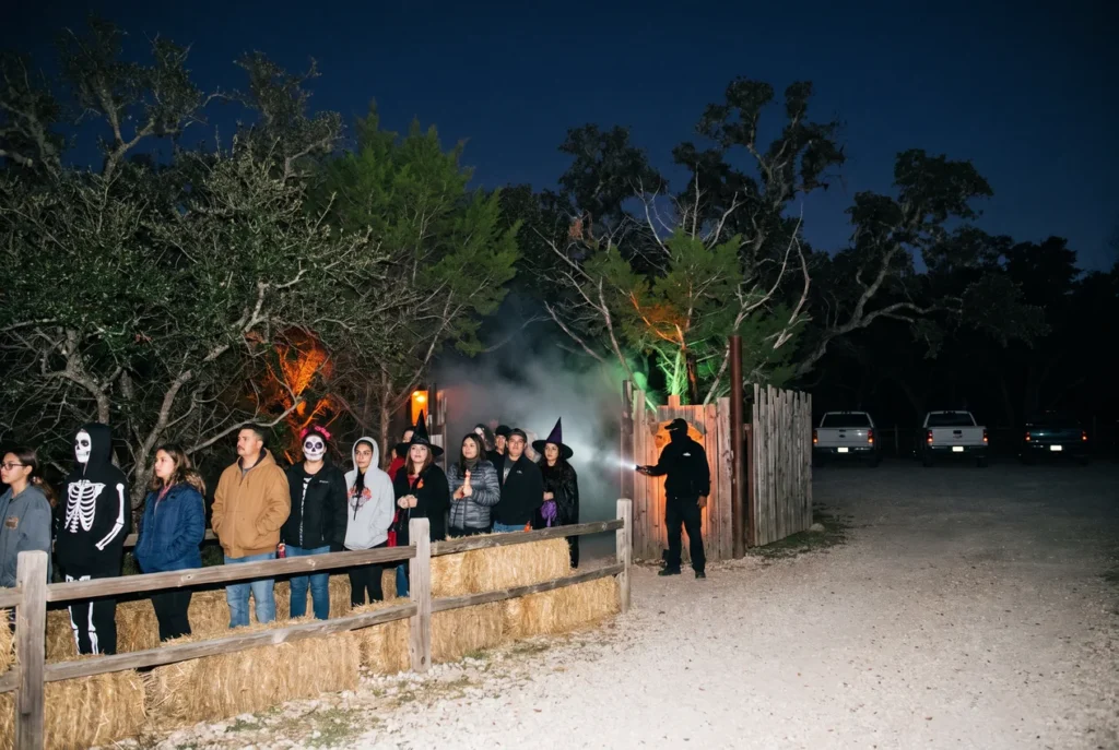 Costumed visitors waiting at night beside hay bales and mesquite trees outside a haunted trail entrance in South Texas, fog drifting under orange and green light
