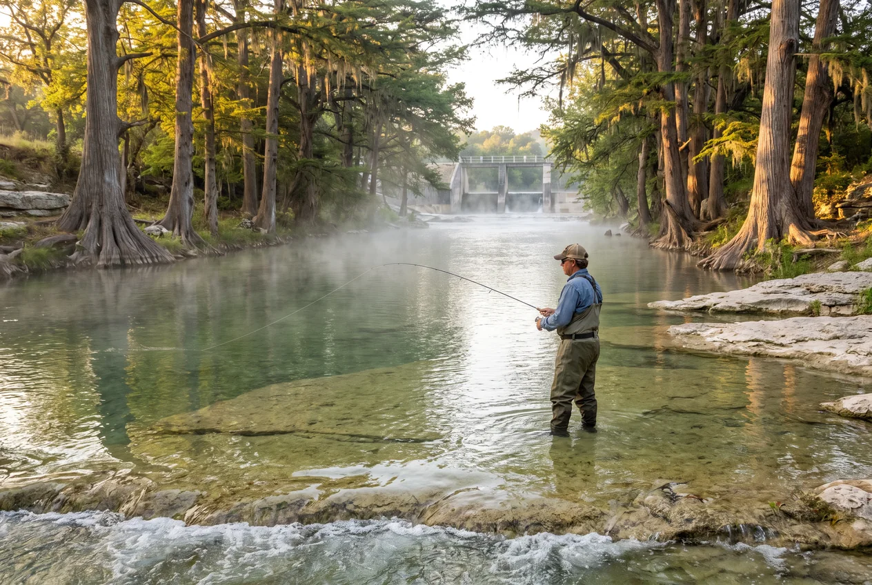 An angler wading a clear, cypress-lined stretch of the Guadalupe River below Canyon Dam at first light, rod raised, mist on the water