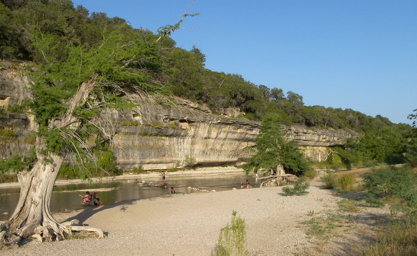 A tall layered limestone bluff above a sandy river bank and shallow water, with twisted cypress trees in front